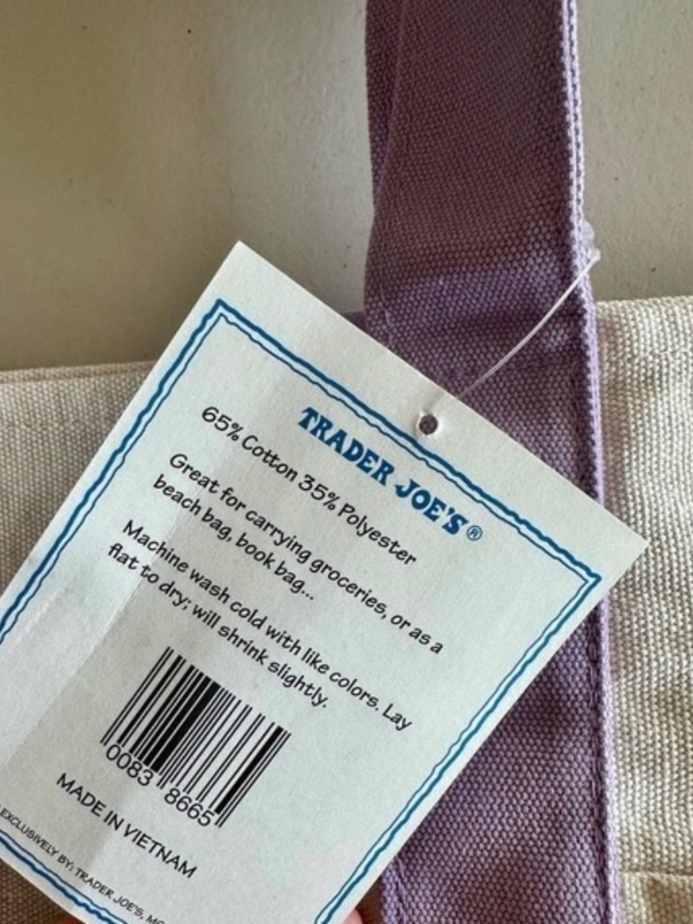 Trader Joe's Cream and Lavender LARGE Canvas Tote Bag NWT. LIMITED EDITION - Picture 4 of 4